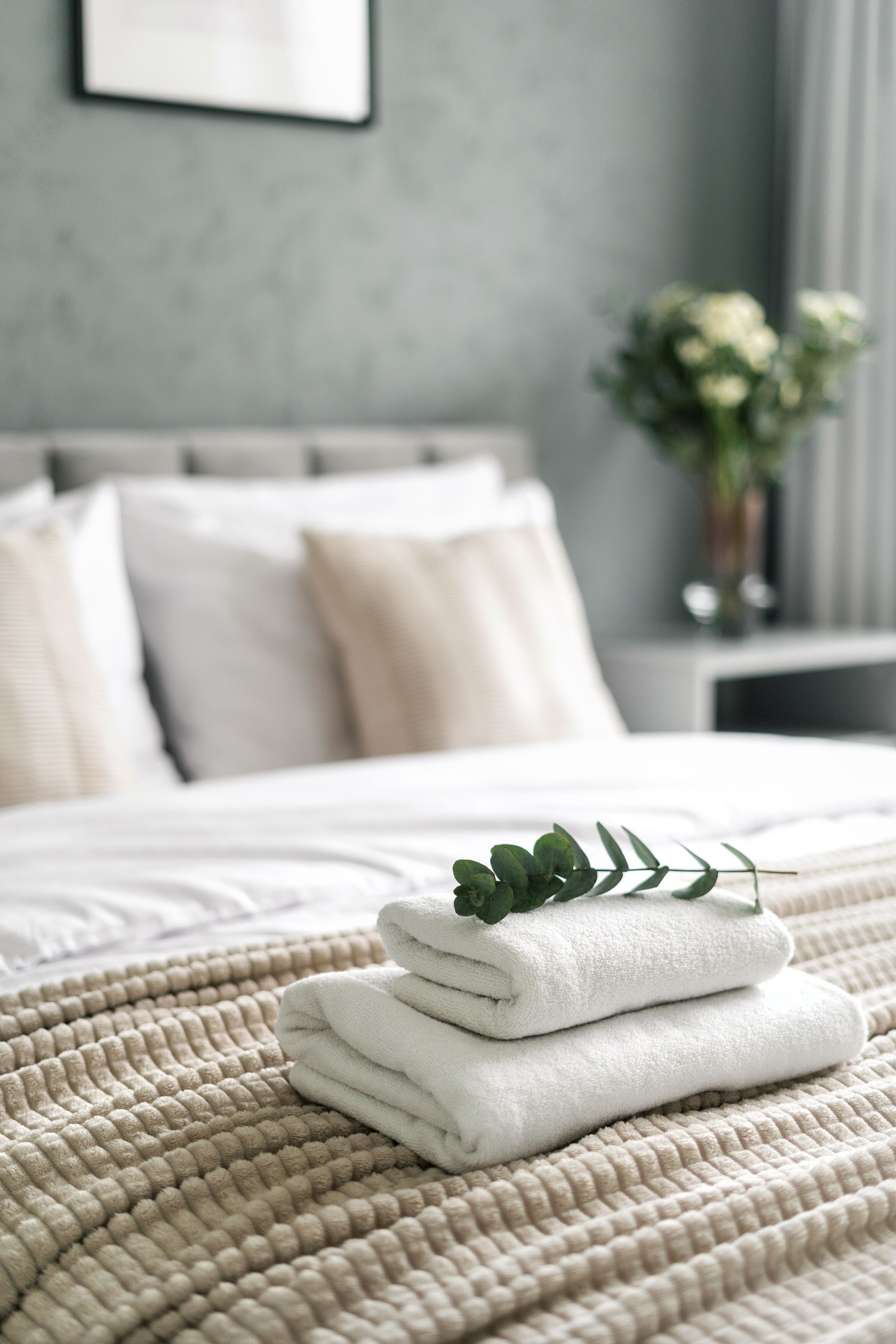 Plante d’eucalyptus vert sur des serviettes blanches soigneusement pliées sur un lit d’hôtel